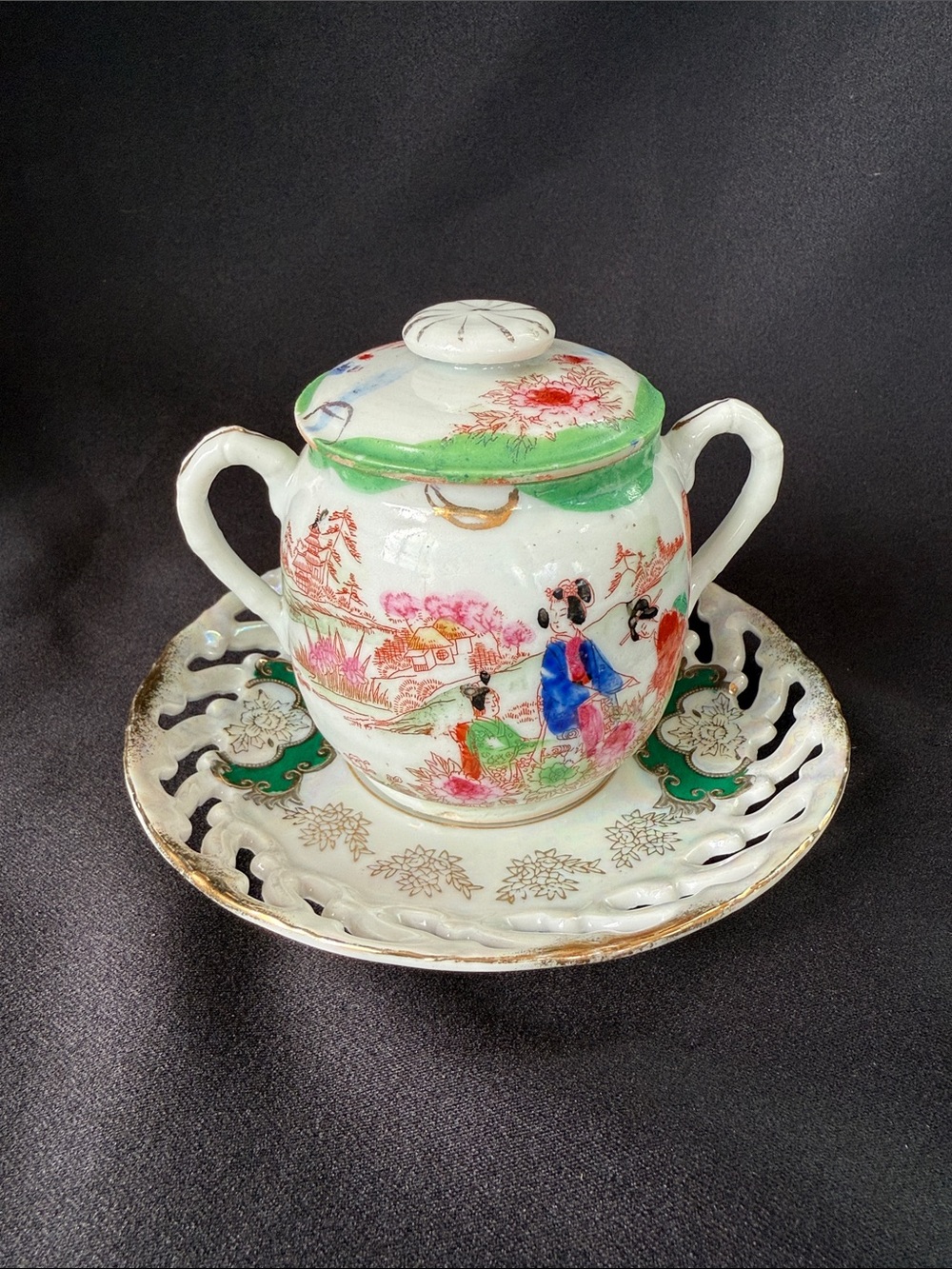 Vintage Hand-Painted japane Porcelain Lidded Sugar Bowl in Green and Multicolor
